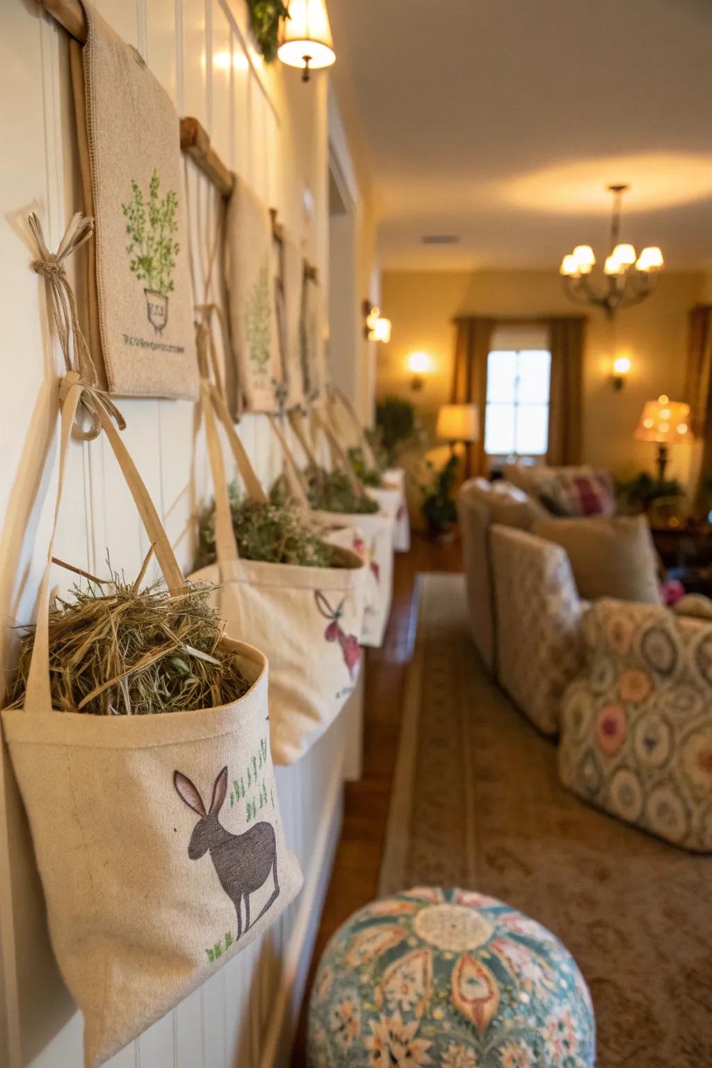 Decorative bags are a charming solution for storing hay.