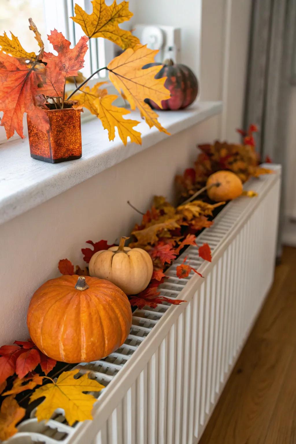 Embrace the changing seasons with a rotating display of themed decor on your radiator shelf.