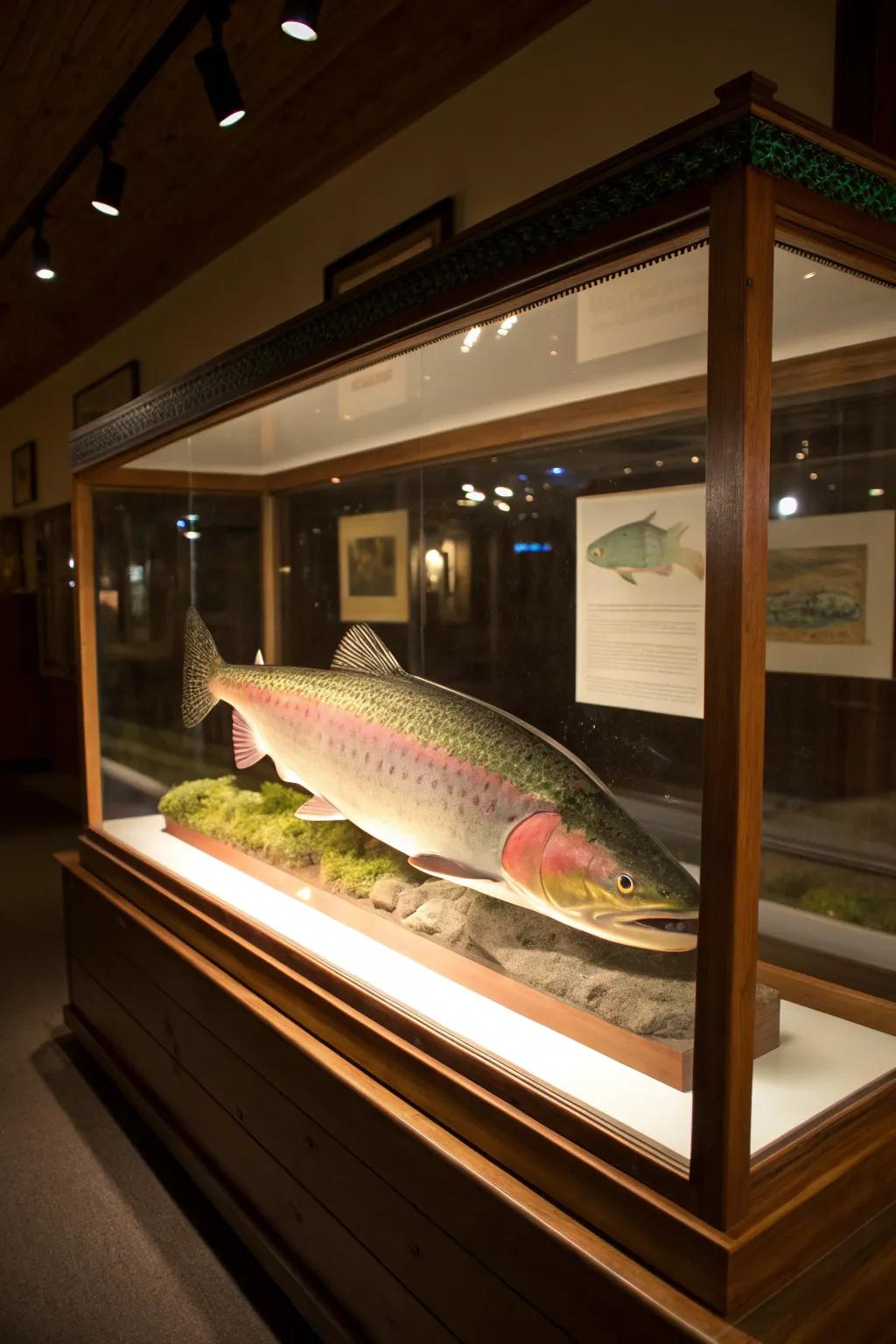 A lighted display accentuates the vibrant colors of the rainbow trout.