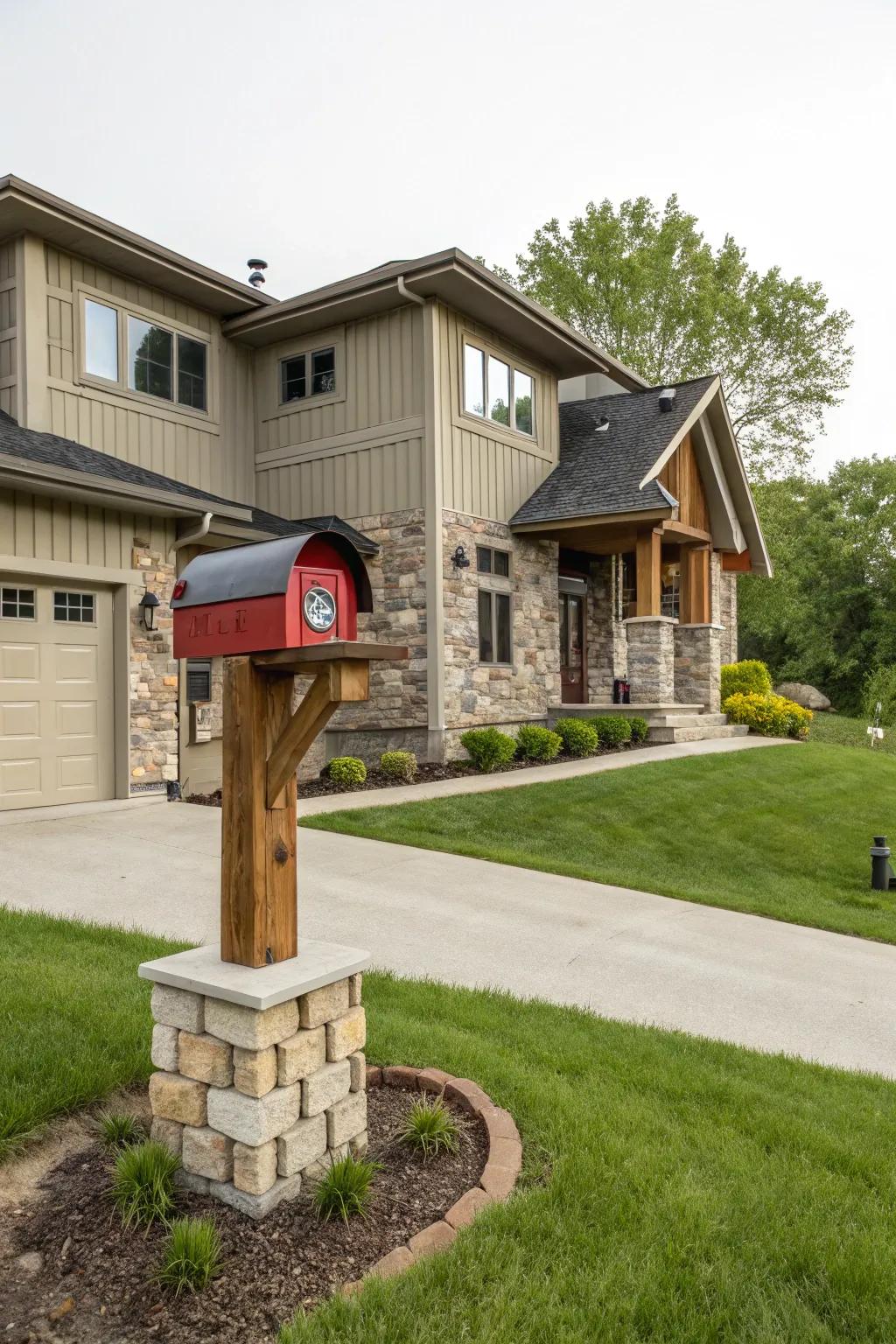 A creative custom-designed mailbox complementing a raised ranch residence.