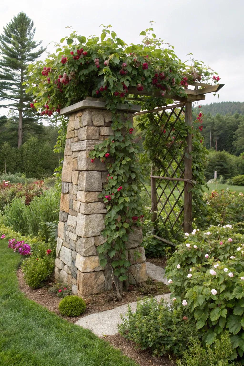 A stone base trellis proffers a stable and captivating horticultural attribute.