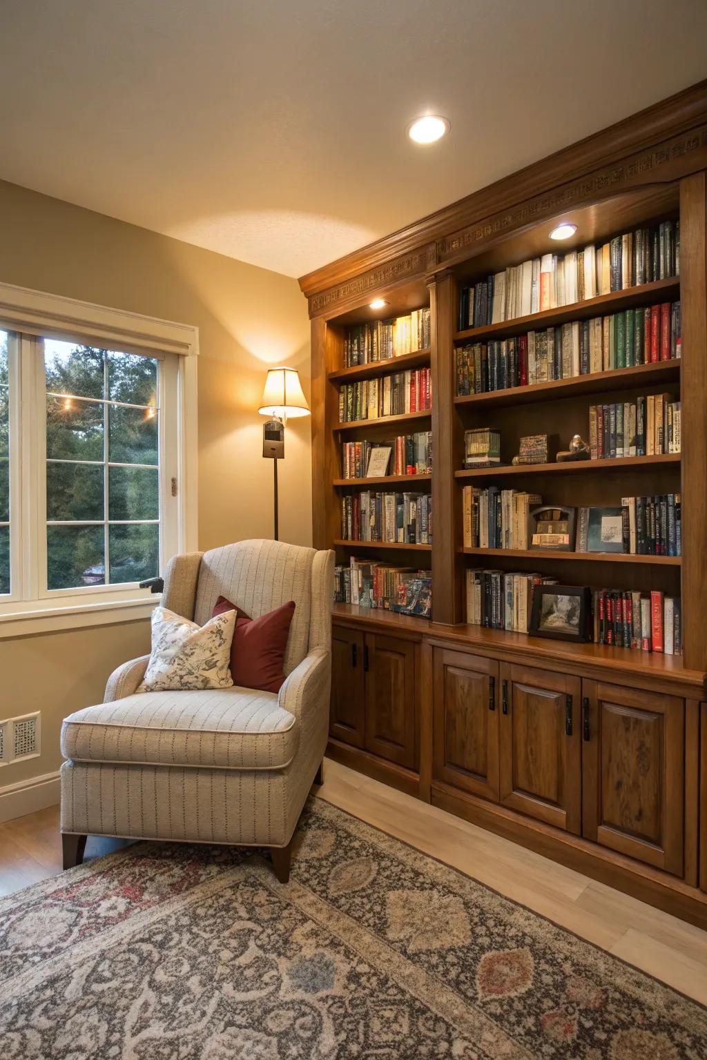 A bibliophile's ideal living room boasting a miniature library ambiance.
