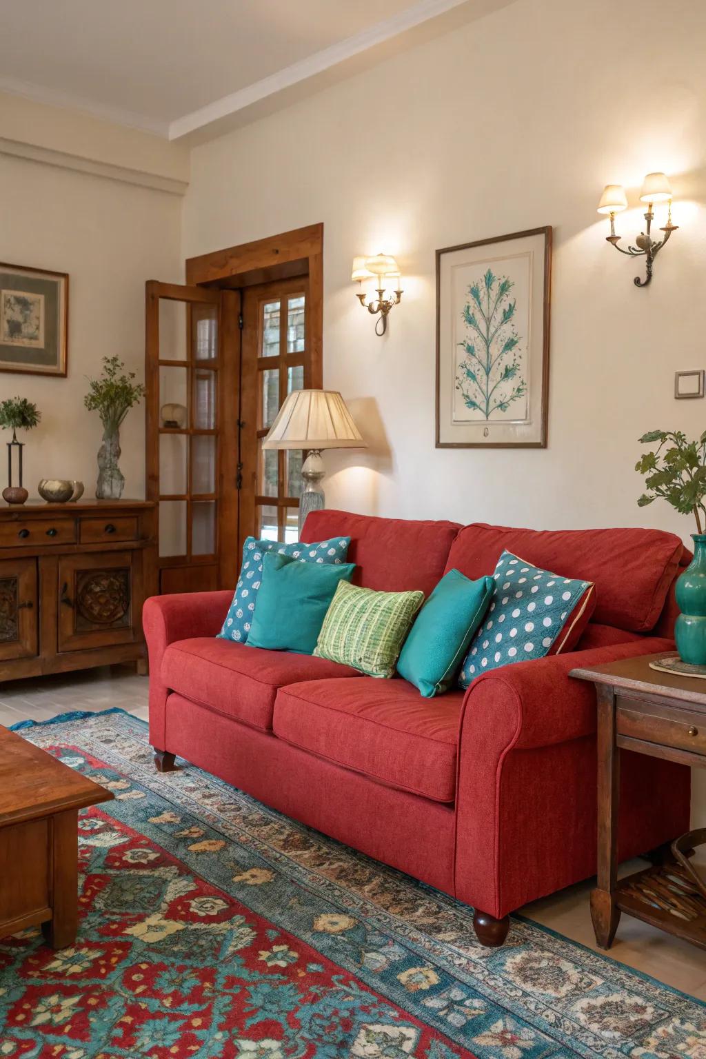 Coordinating shades like blue and green stabilize scarlet tones.