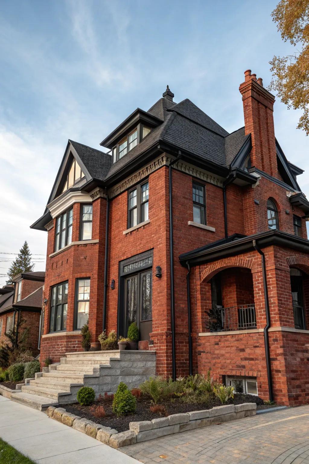Deep trim creates a dramatic and elegant contrast with red brick.