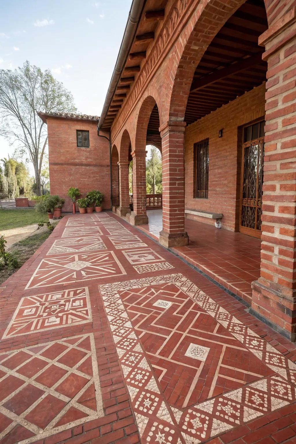 A red brick patio showcasing striking geometric designs