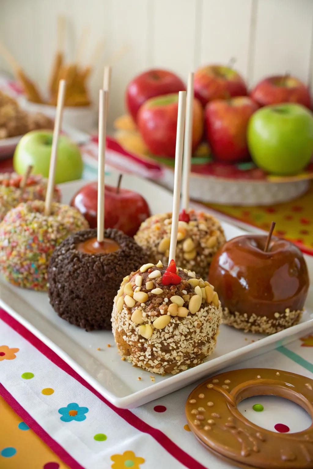 Candy apples with distinctive toppings offer a nostalgic and enjoyable treat.