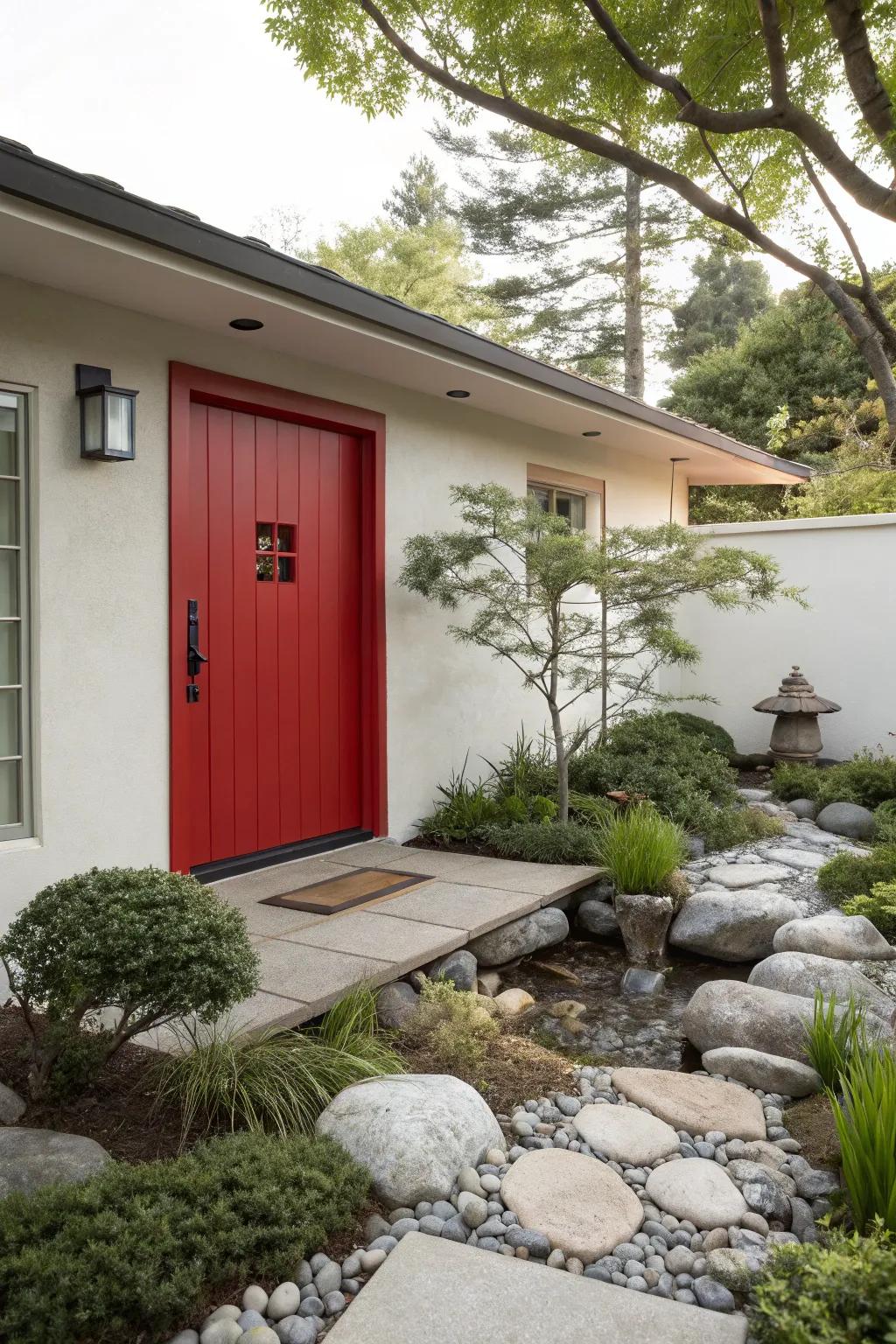 Zen home with a crimson door, creating a tranquil yet vibrant entry.