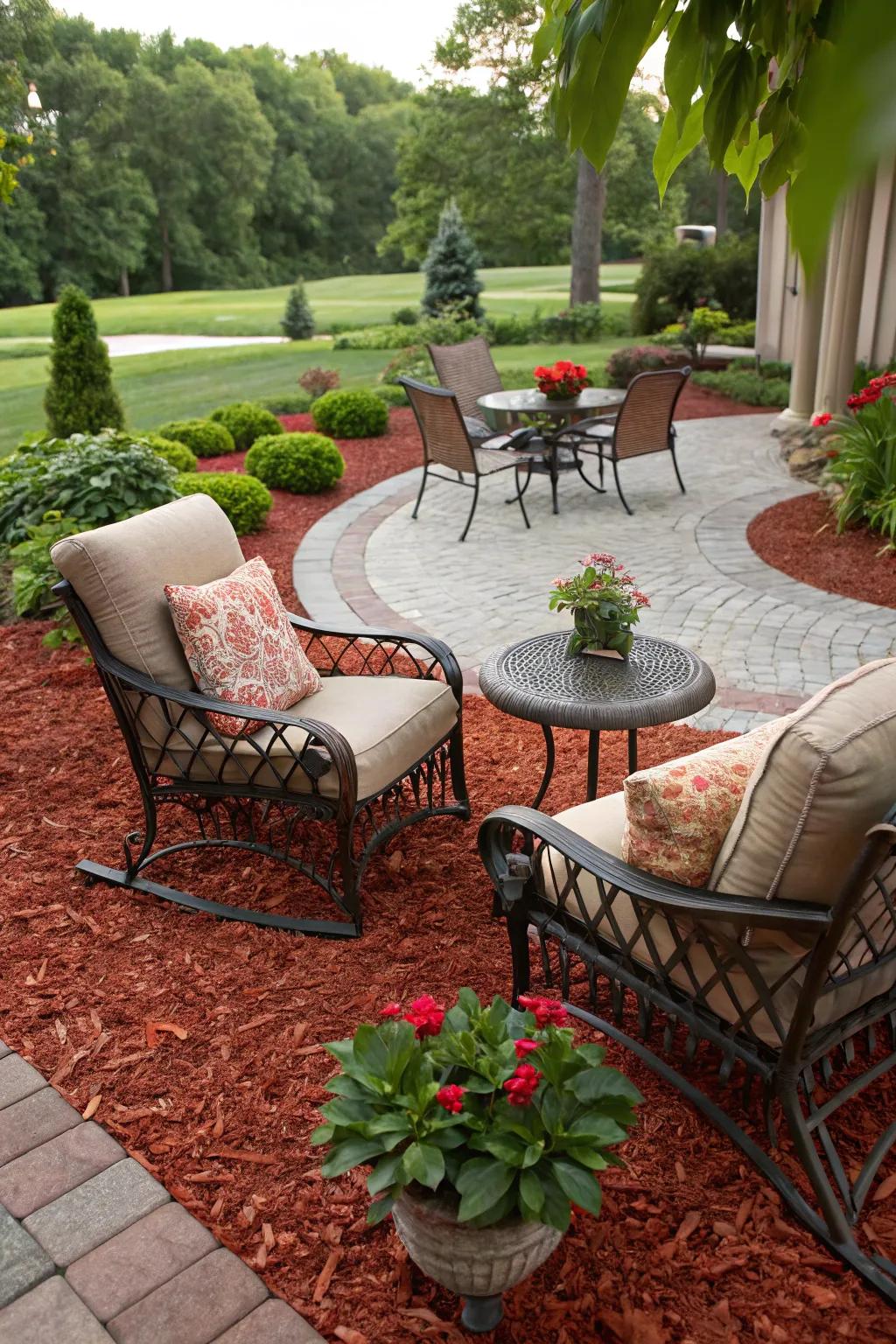Vibrant mulch frames seating areas, defining cozy spots for relaxation.