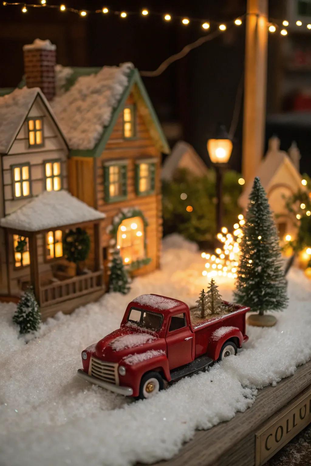 A nostalgic Christmas hamlet featuring a crimson pickup.