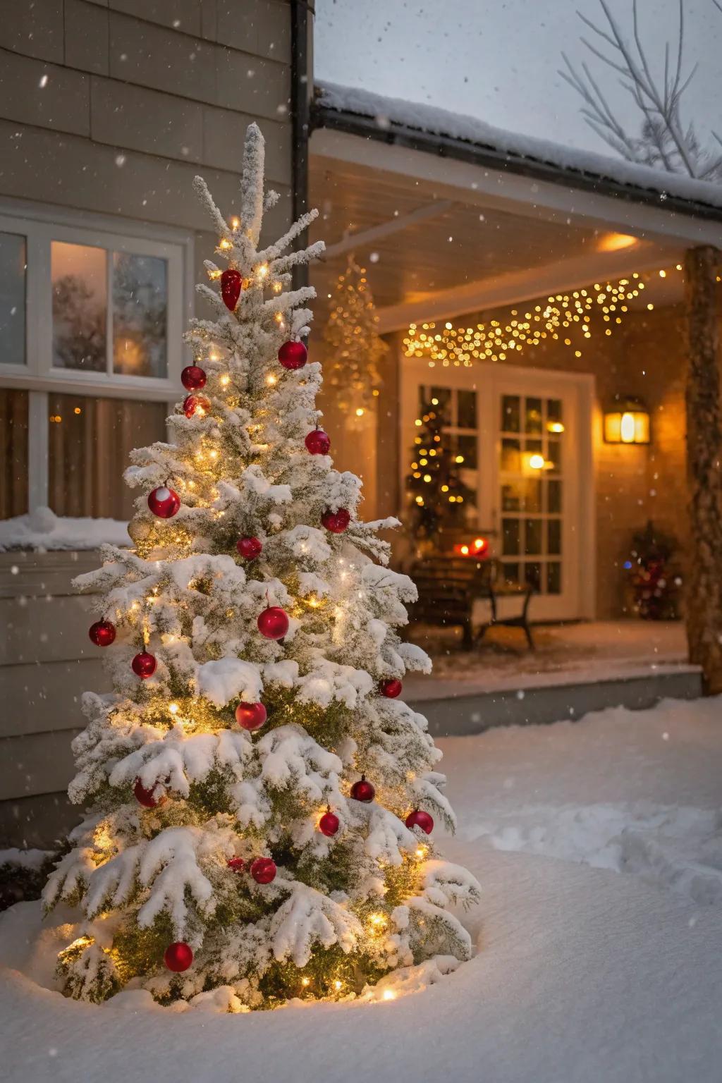 Snow white flocking generating a magical snowy impact on the tree.