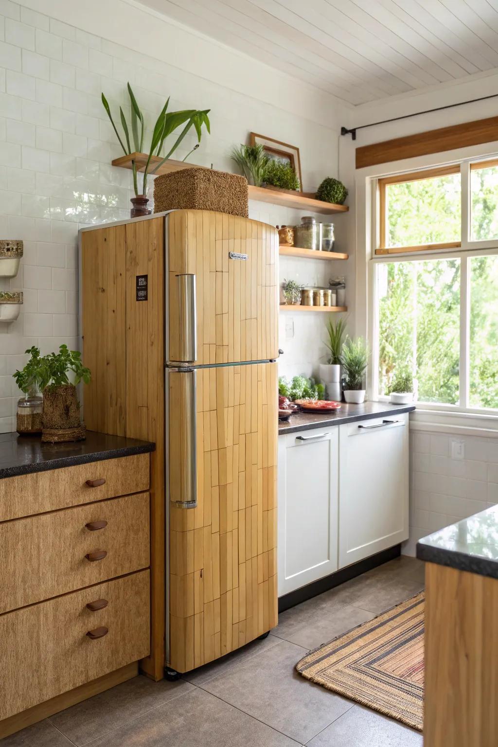 Eco-friendly materials surrounding the refrigerator enhance a stylish and responsible design choice.