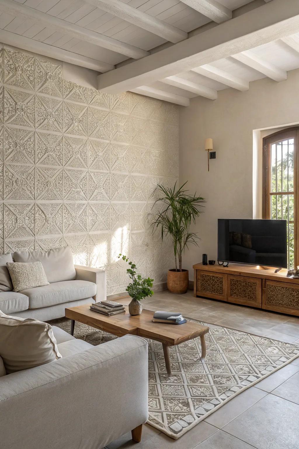 Minimalist textured tiles offer understated elegance.