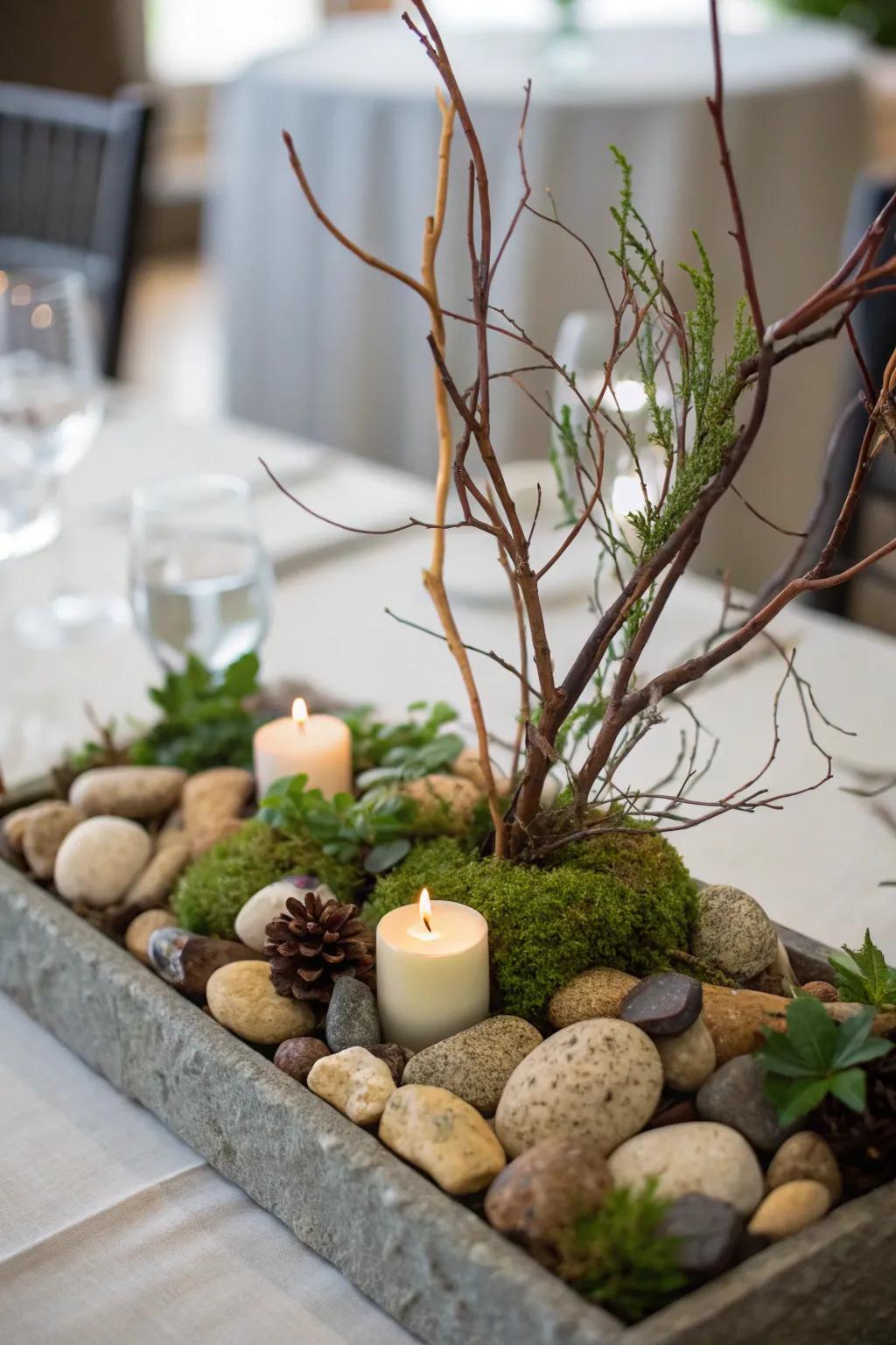 An earthy centerpiece featuring natural elements.