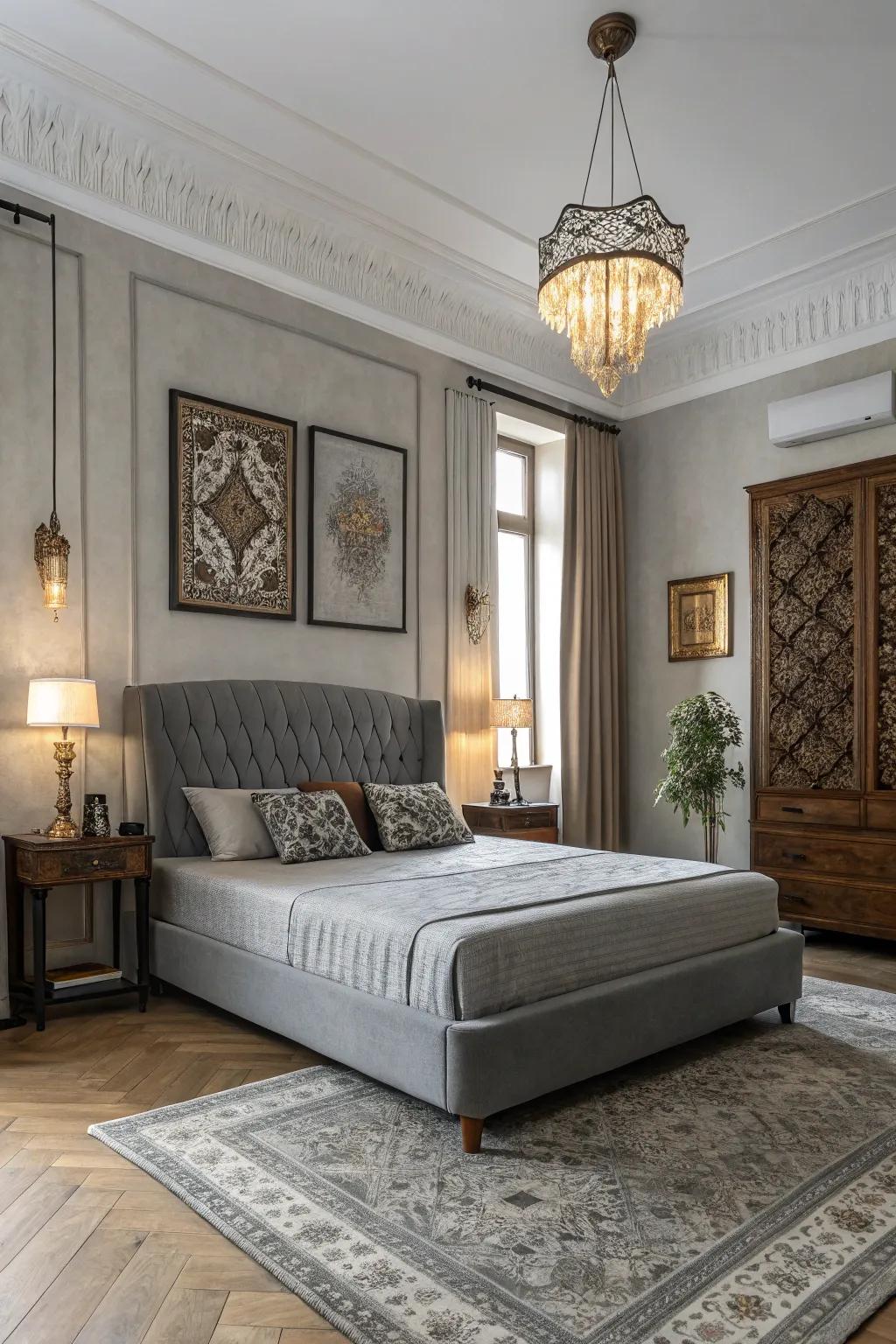 Blended designs create a balanced and timeless repose gray bedroom.