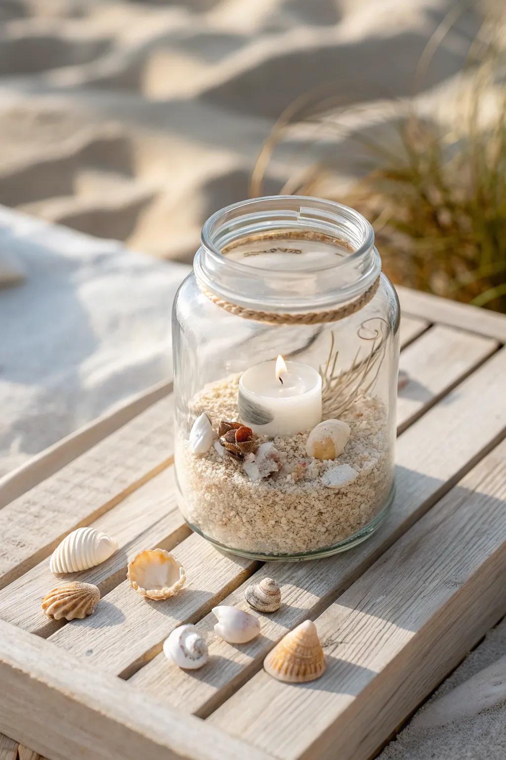 Capture the essence of the ocean with a minimalist resin jar, transporting the tranquil shore vibes indoors.