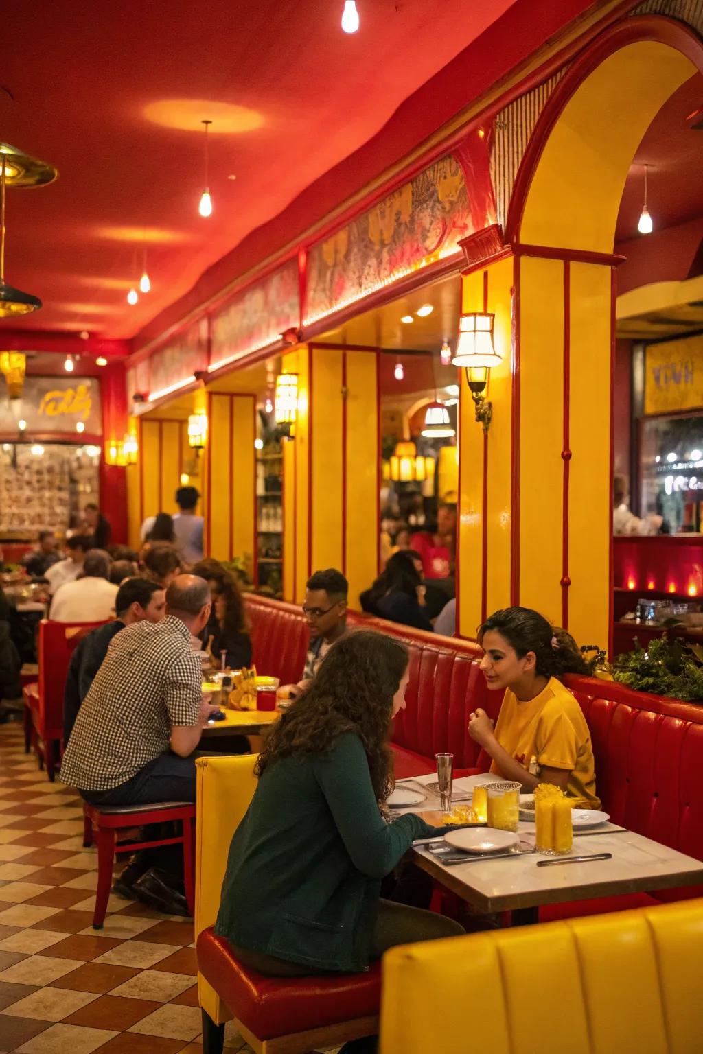 A high-energy restaurant design, pulsating with vibrant reds and yellows.