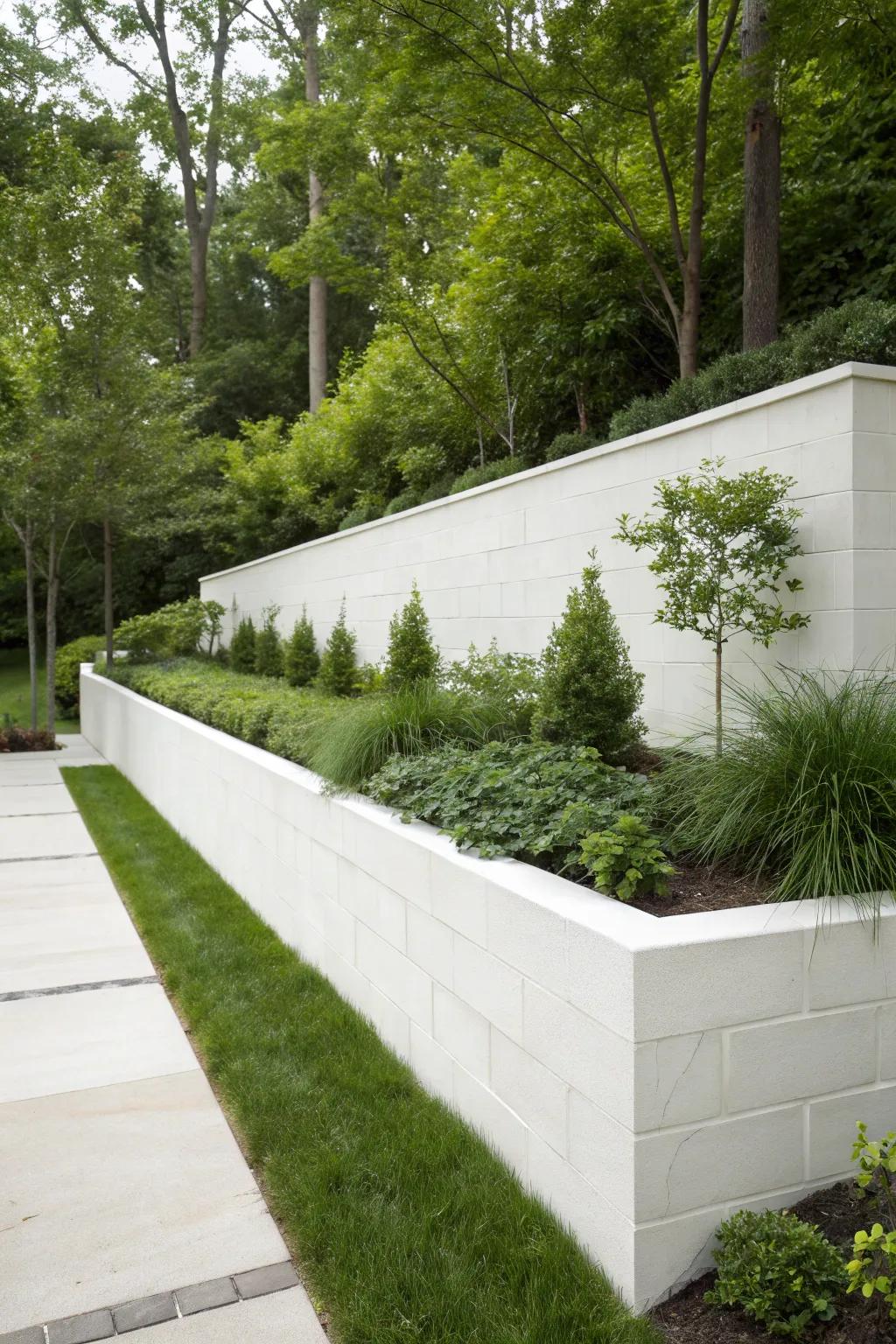White concrete bricks craft a clean, current garden aesthetic.