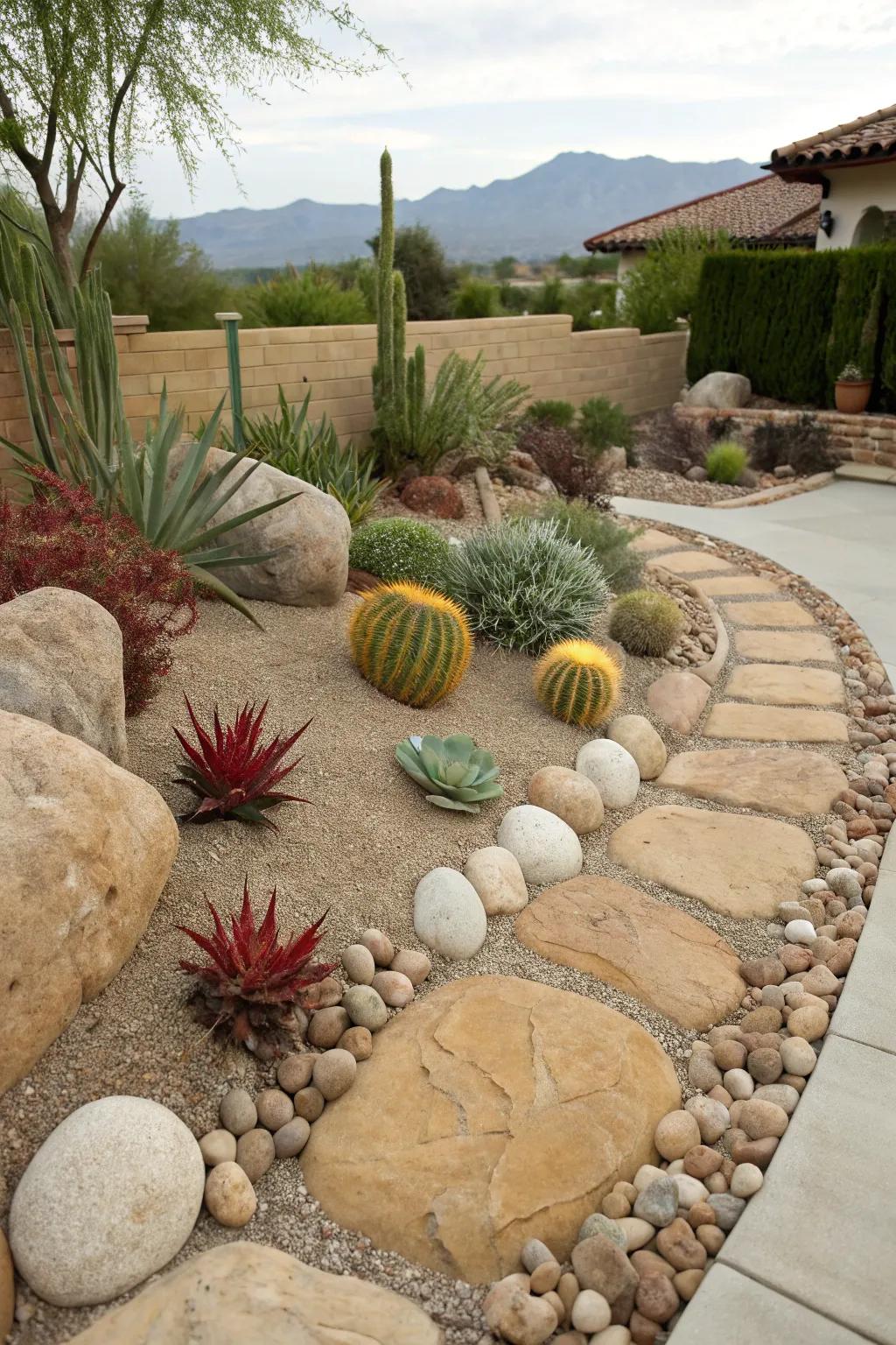 Desert-inspired rock bordering paired with succulents for a low-maintenance garden.