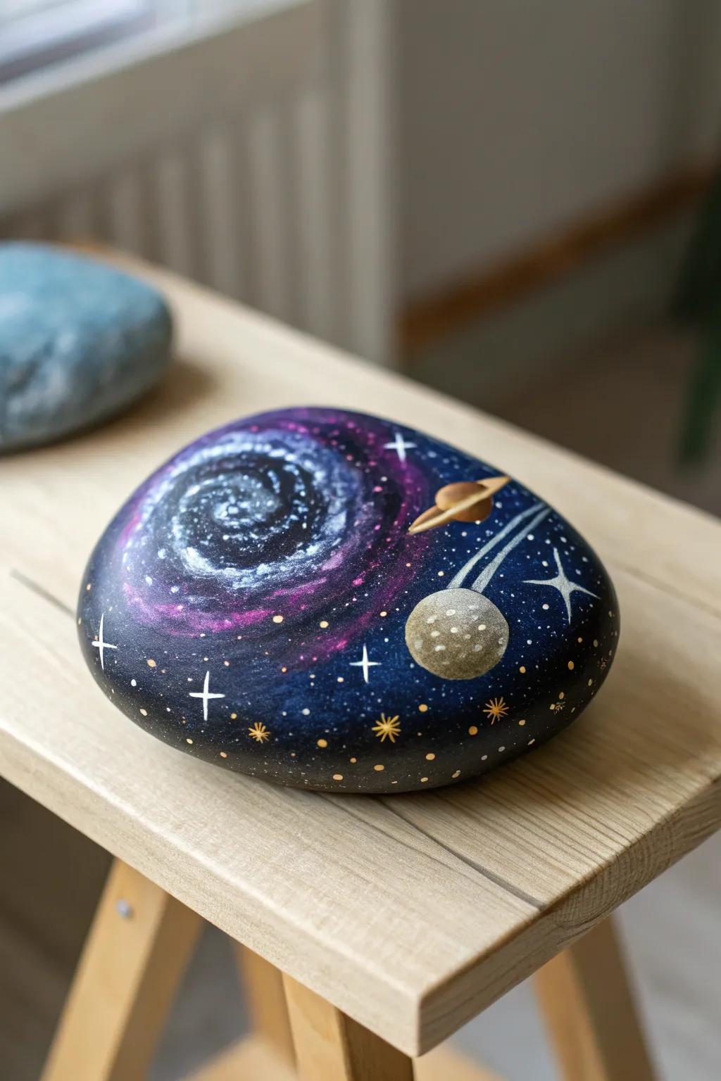 Embark on a cosmic journey with space-themed stone art—where simplicity aligns with the stars.