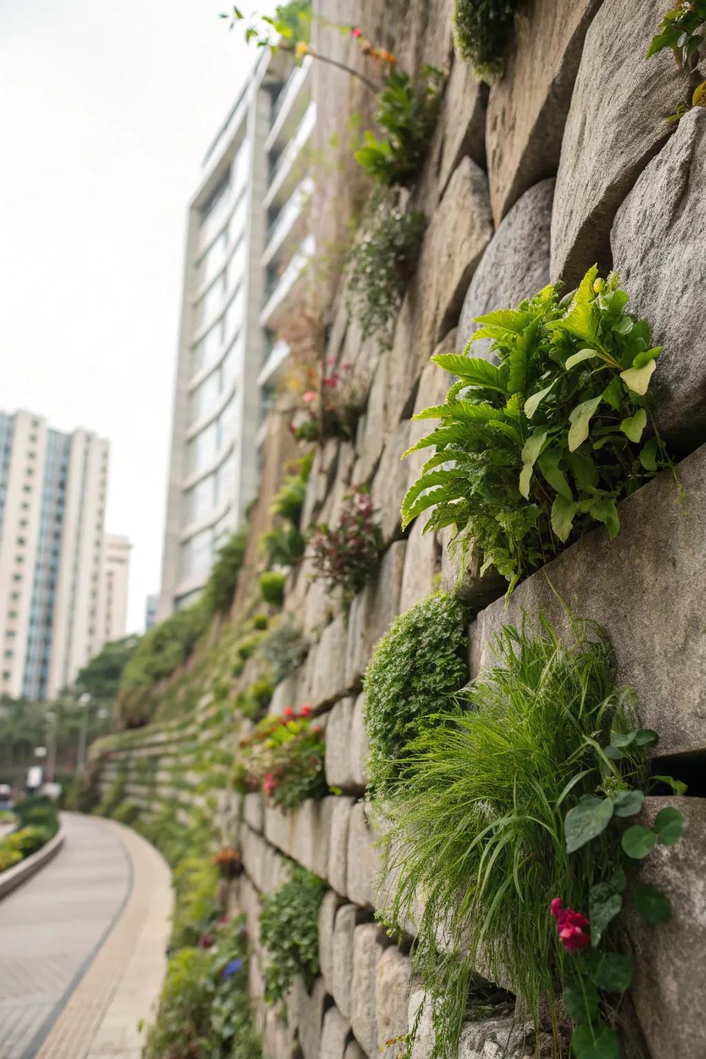 An upright garden animates stone structures with lavish vegetation.