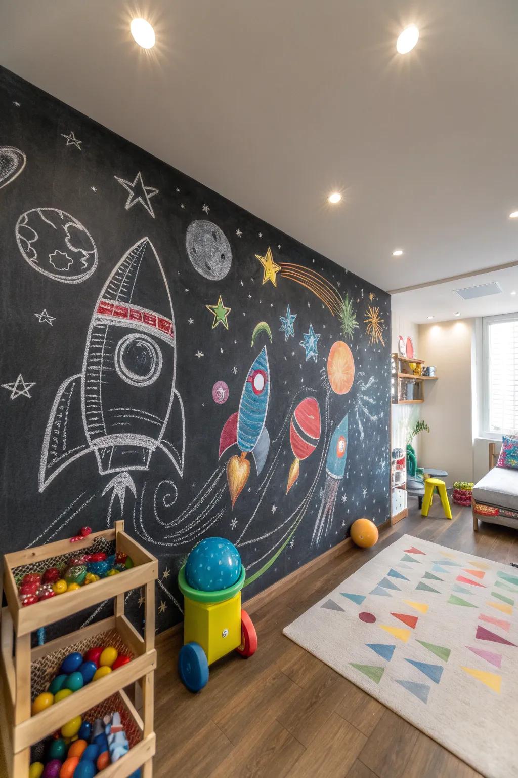 Encourage creativity with a spacecraft-themed blackboard wall.