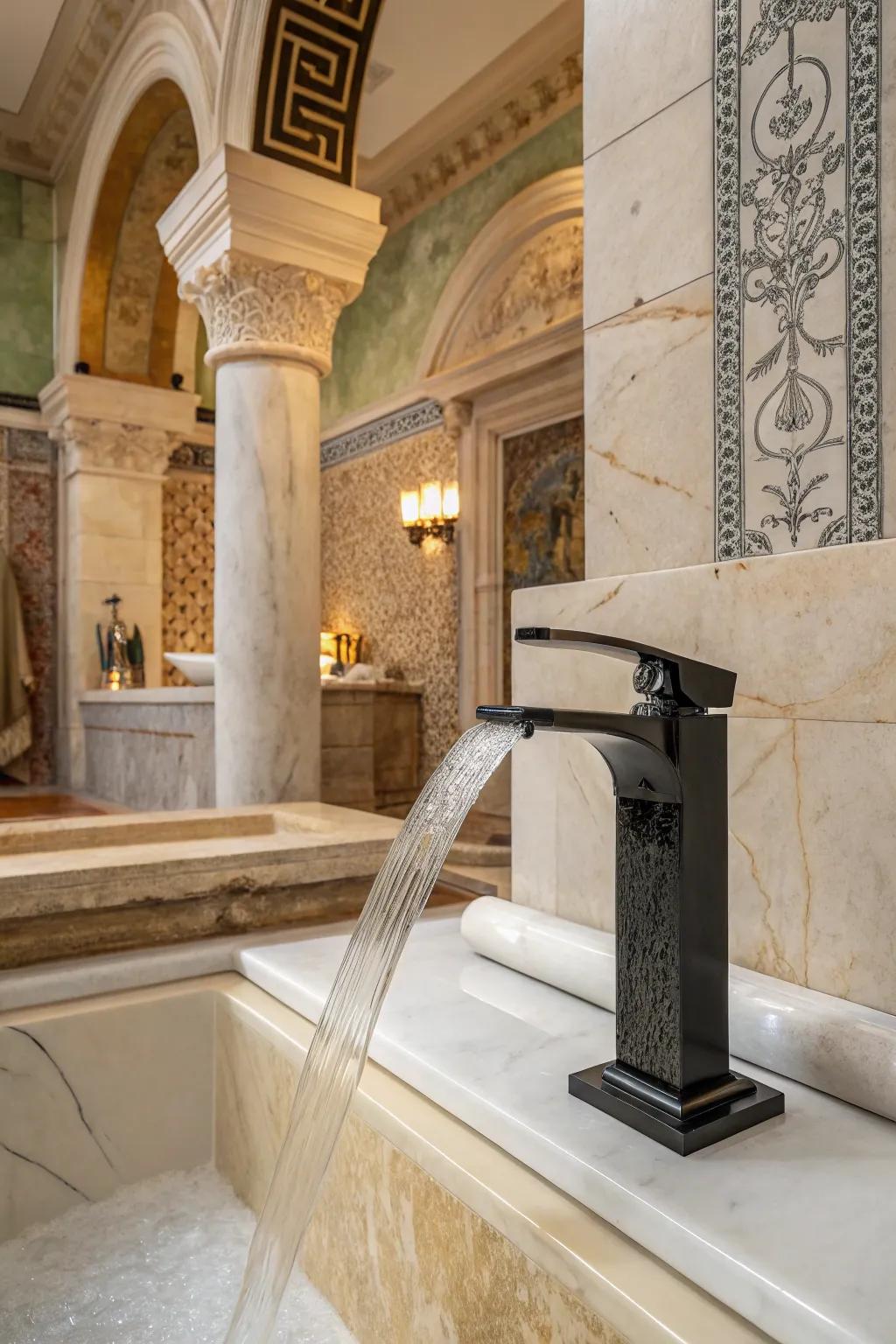 A liquidfall spout imparts a modern impression to this Roman-inspired washroom.