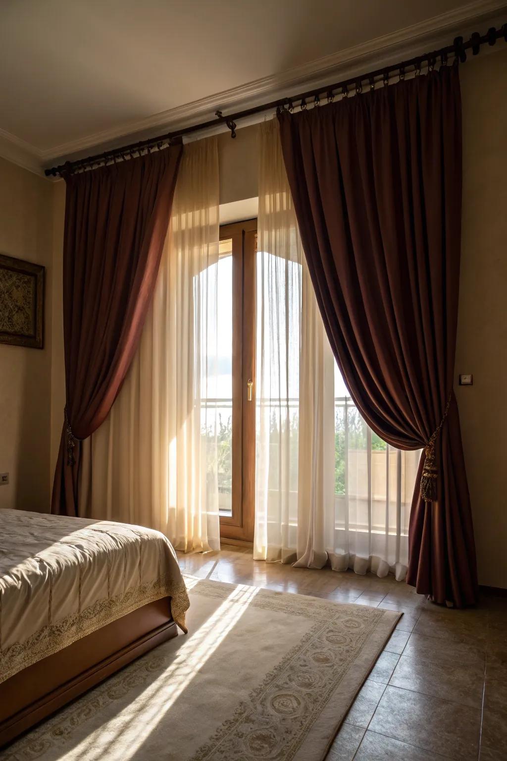 Floor to ceiling window coverings contribute spectacle and sophistication to the space.