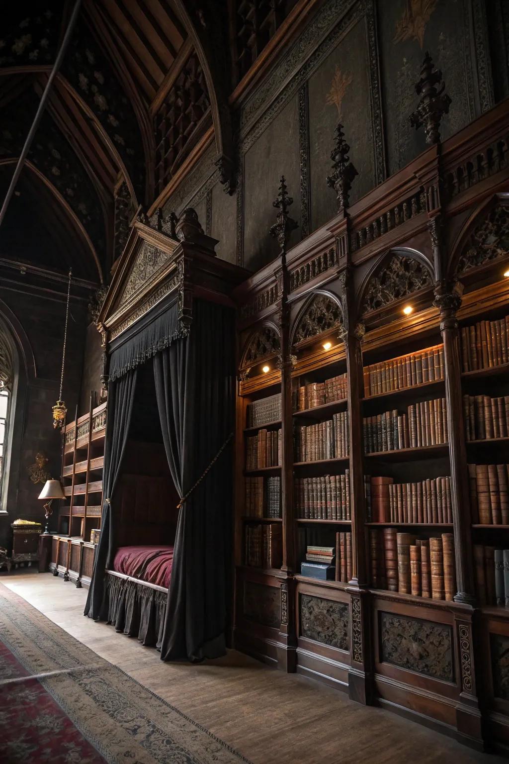 A scholarly niche with dark bookshelves adds literary charm to the space.