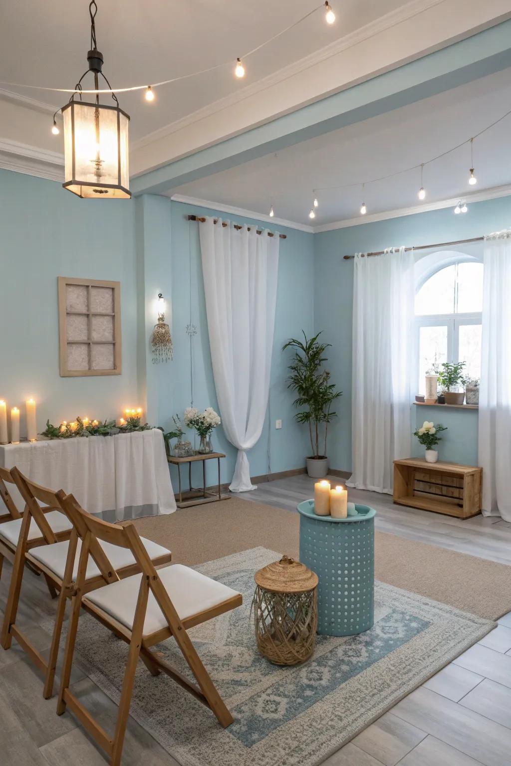 Soft blues deliver a relaxed and breezy ambiance.