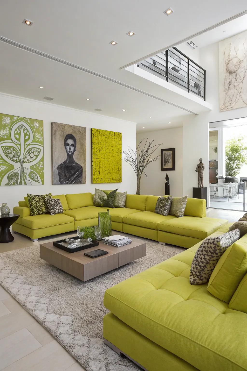 A modern living room bathed in lively lime green accents, exuding vibrant energy and a sense of playful sophistication.