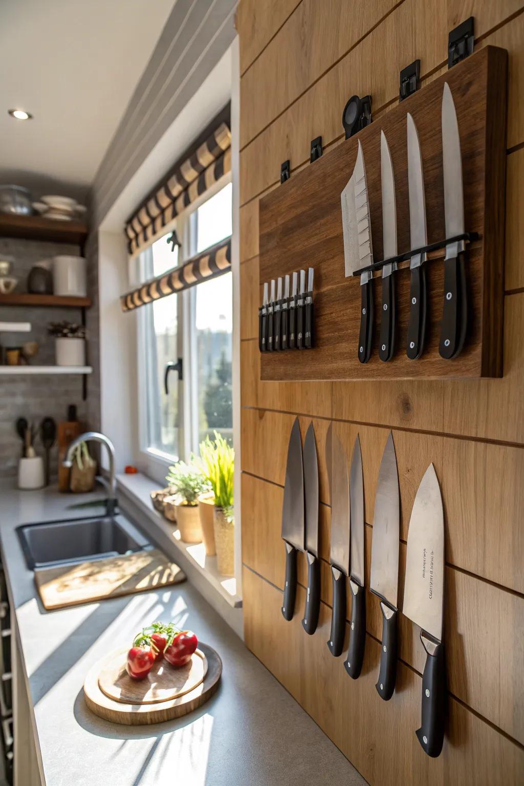 A magnetic strip adds elegance to the kitchen.