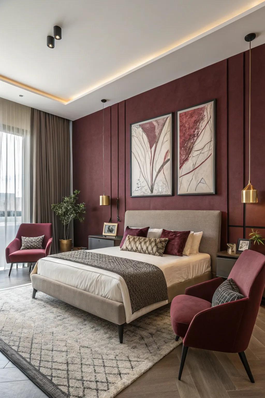 Abstract art with wine-dark colors includes a contemporary side to the area.