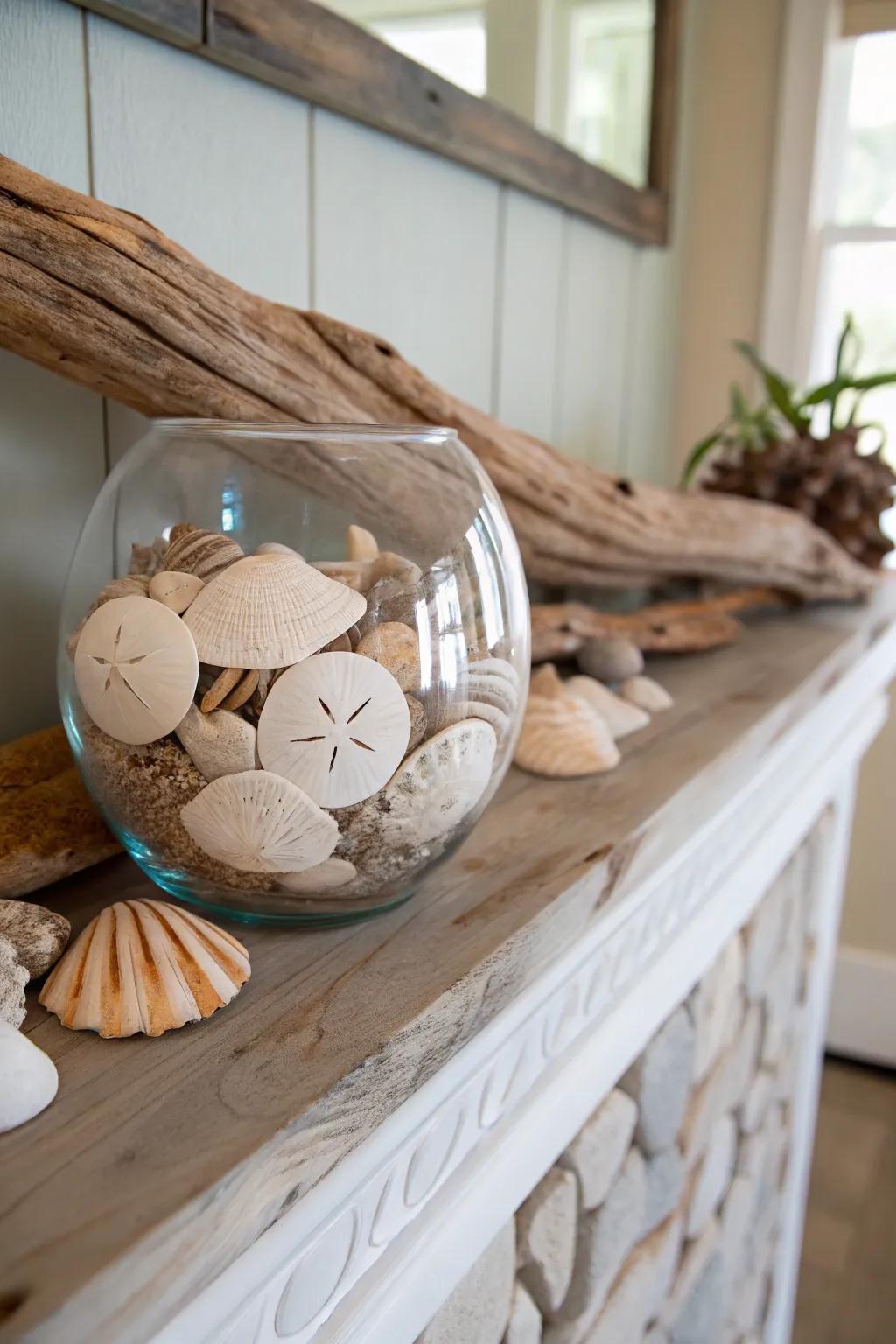 Maritime casings and sand biscuits nestled in a glass bowl invoke a seaside charm.