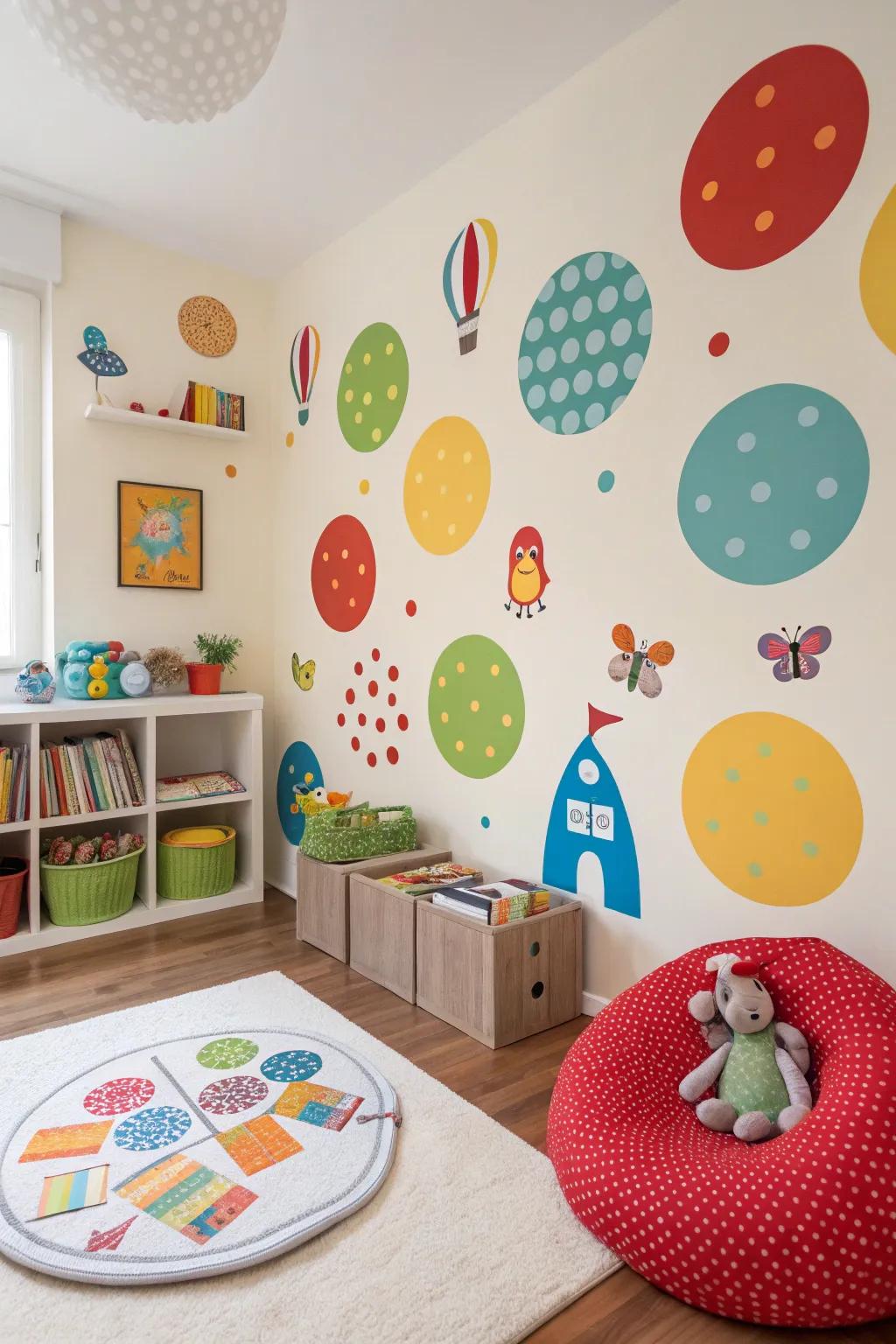 A children's room showcasing lively circular wall stickers that cultivate a playful ambiance.