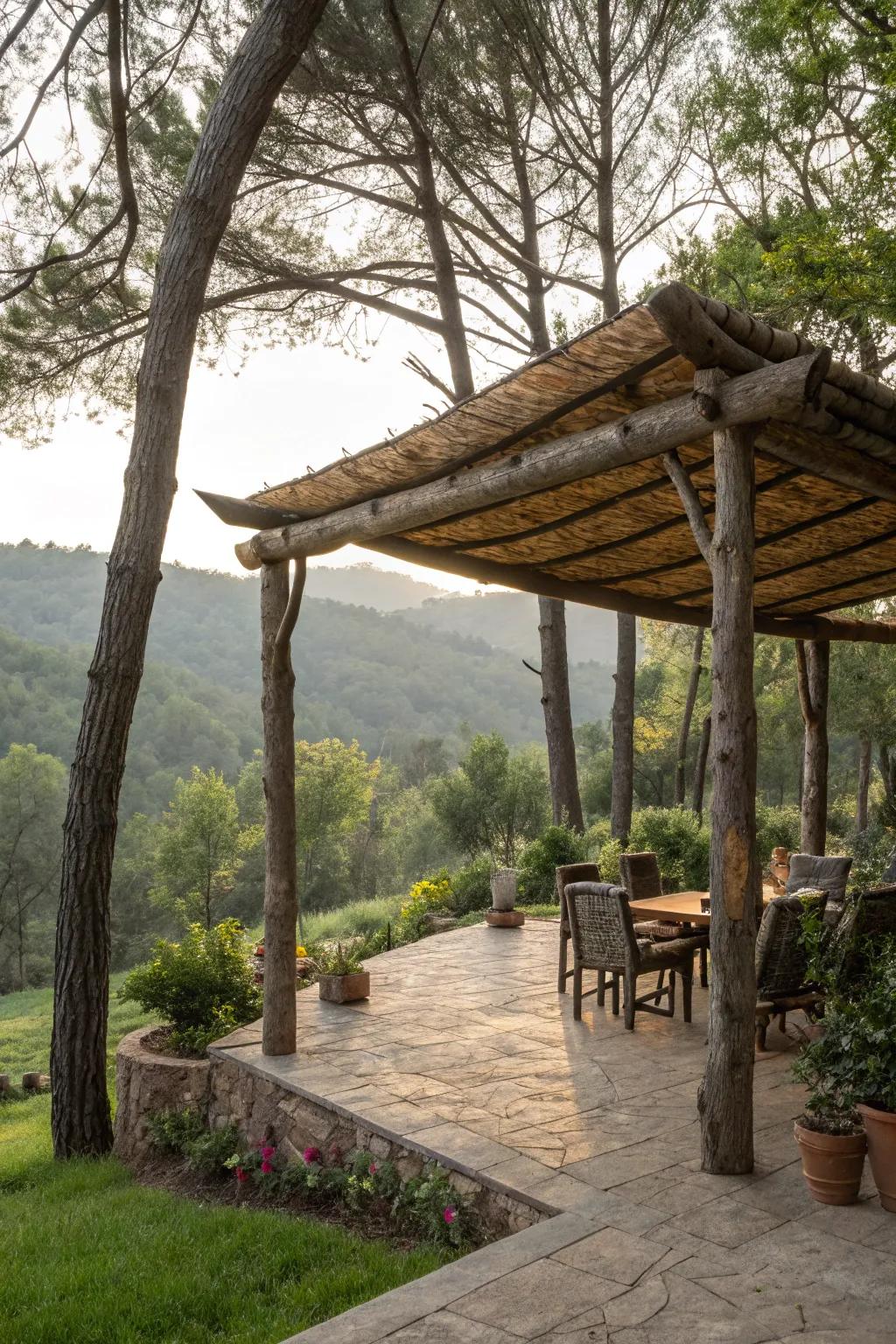 Log shelters fashion a woodland escape vibe.