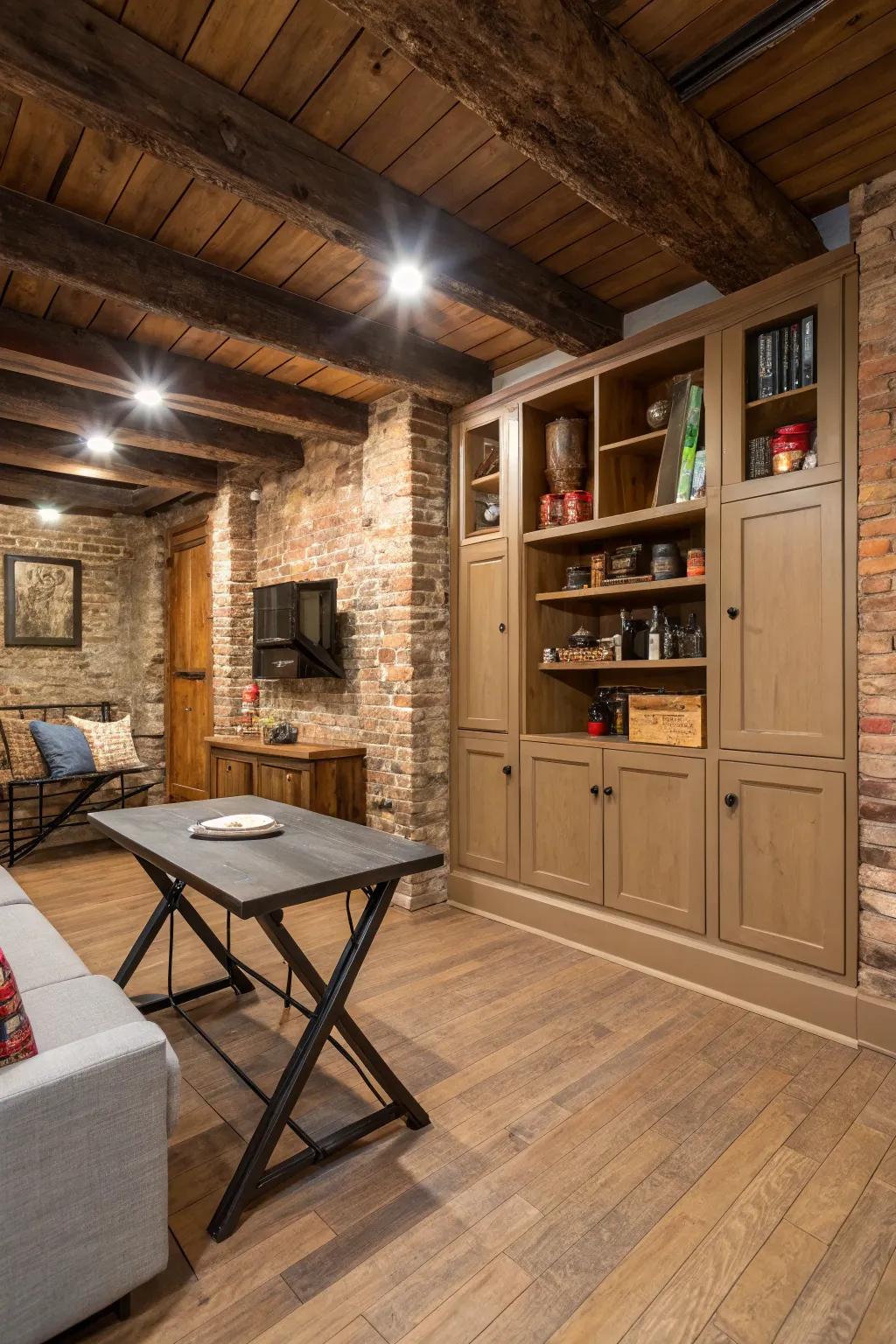 Smart storage helps keep a rustic basement neat and tidy.