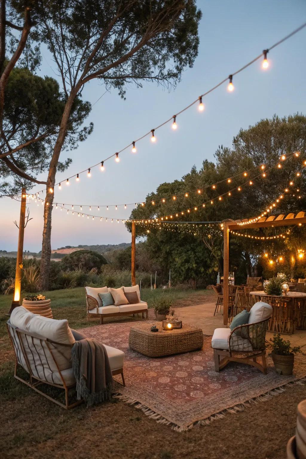 An outdoor boho oasis best for relaxing under the stars.