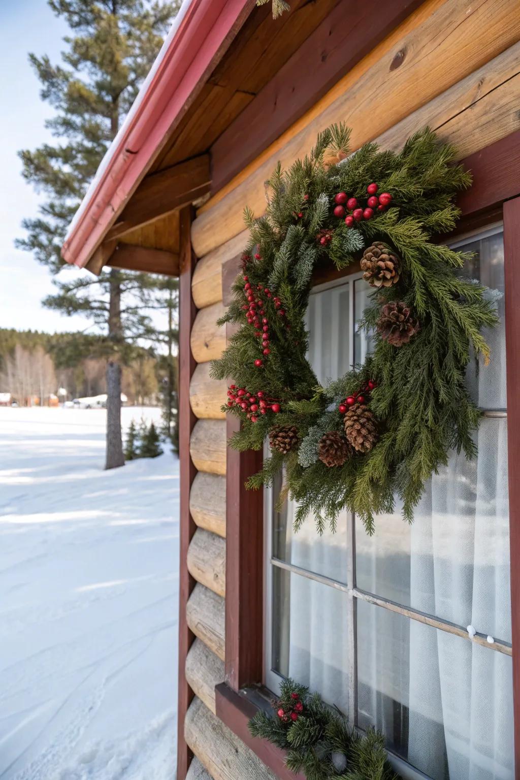 A lavish wreath fashioned from a medley of evergreen boughs.