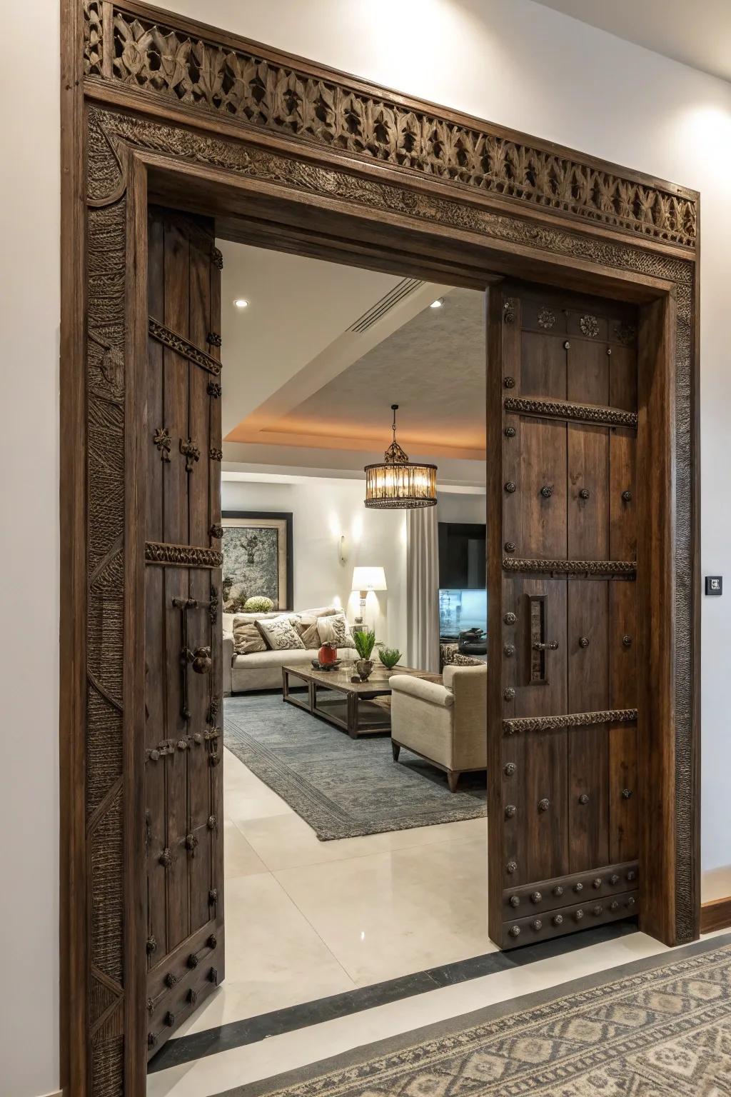 A bold country door trim serving as the focal point of a stylish space.