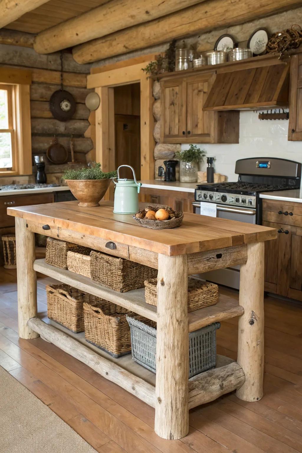 A farmhouse kitchen island that mirrors a cabin retreat with solid log construction.