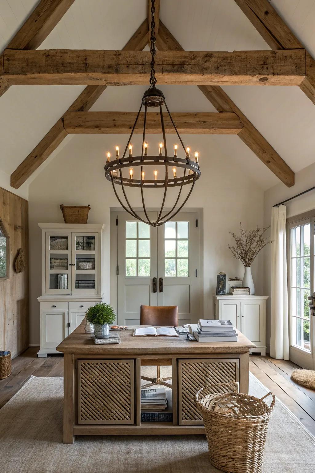 A striking chandelier imparts drama and elegance to your rural countryside office.