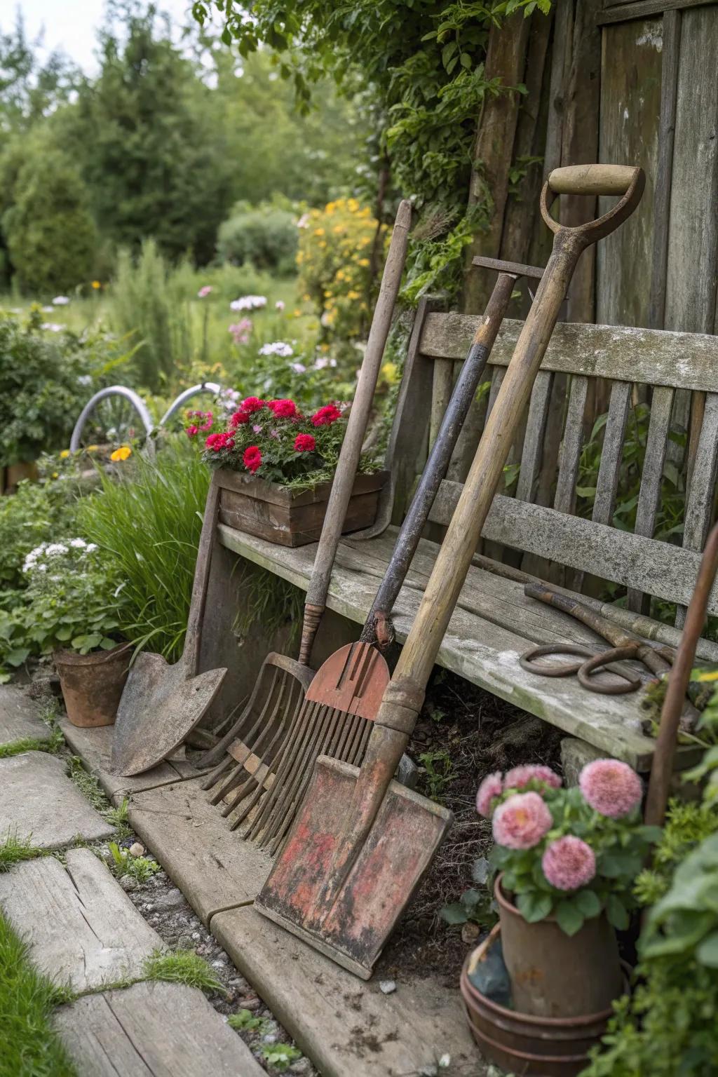 Weathered accents impart character to the garden.