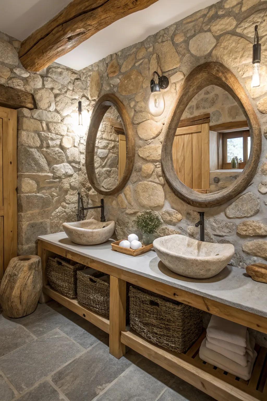 <strong><em>Organically-shaped mirrors</em></strong> append playfulness to a rustic lavatory.” loading=”lazy” class=”pimg”>
	</picture><figcaption><strong><em>Organically-shaped mirrors</em></strong> append playfulness to a rustic lavatory.</figcaption></figure>
<p><strong><em>Organically-shaped mirrors</em></strong> can inject a hint of caprice and nature-evoked splendor. I’ve noted their aptitude to incite dialogue throughout my design seminars.</p>
<h3>Try these:</h3>
<ul class=