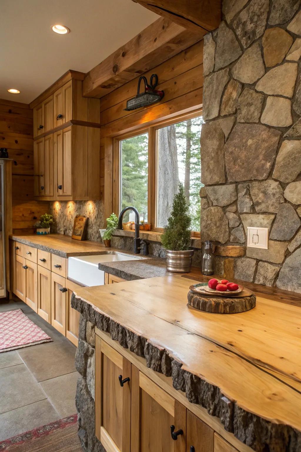 Live-edge surfaces provide a unique and organic cooking space focal point.