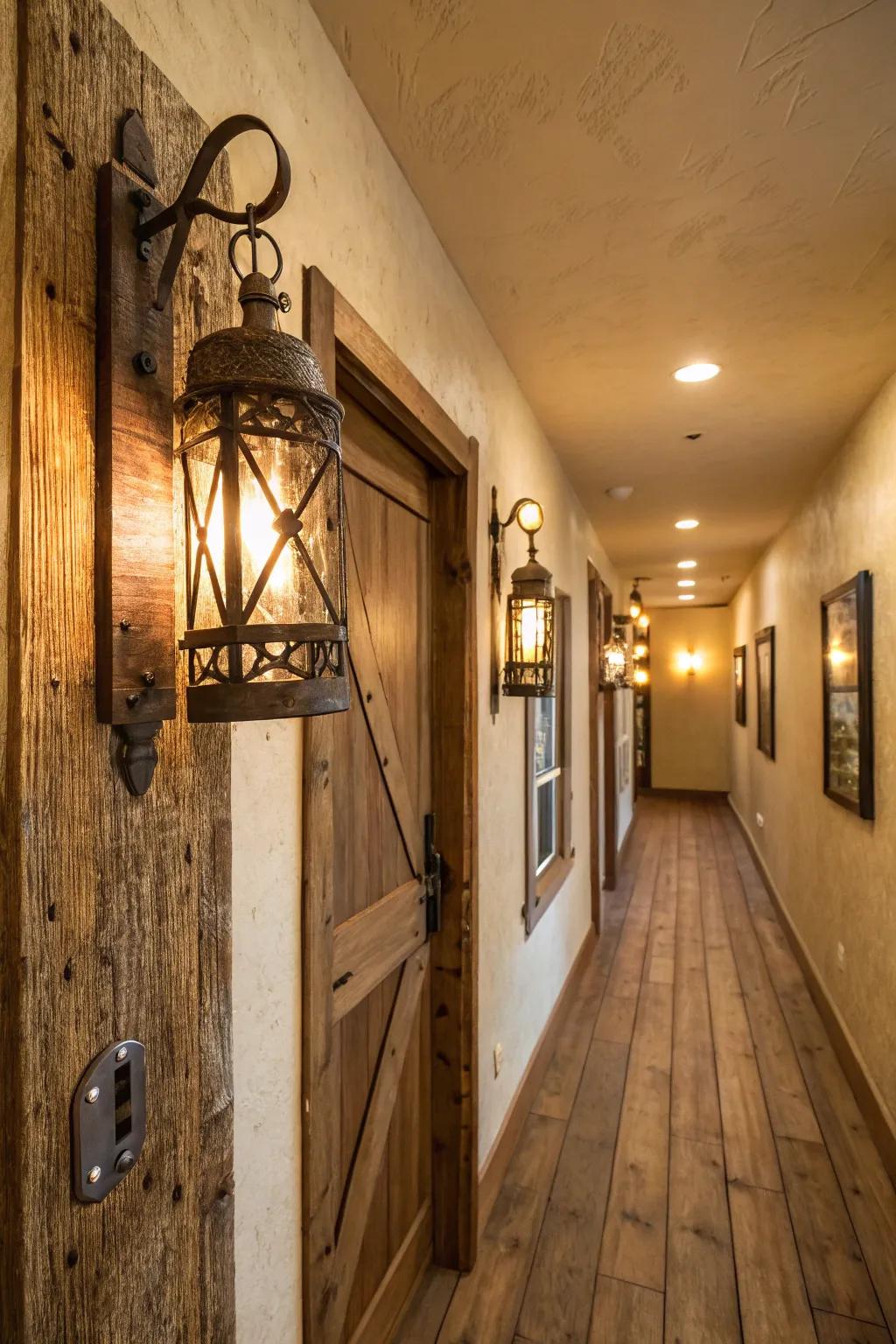 Country wall lights introduce subtle elegance to this passageway.