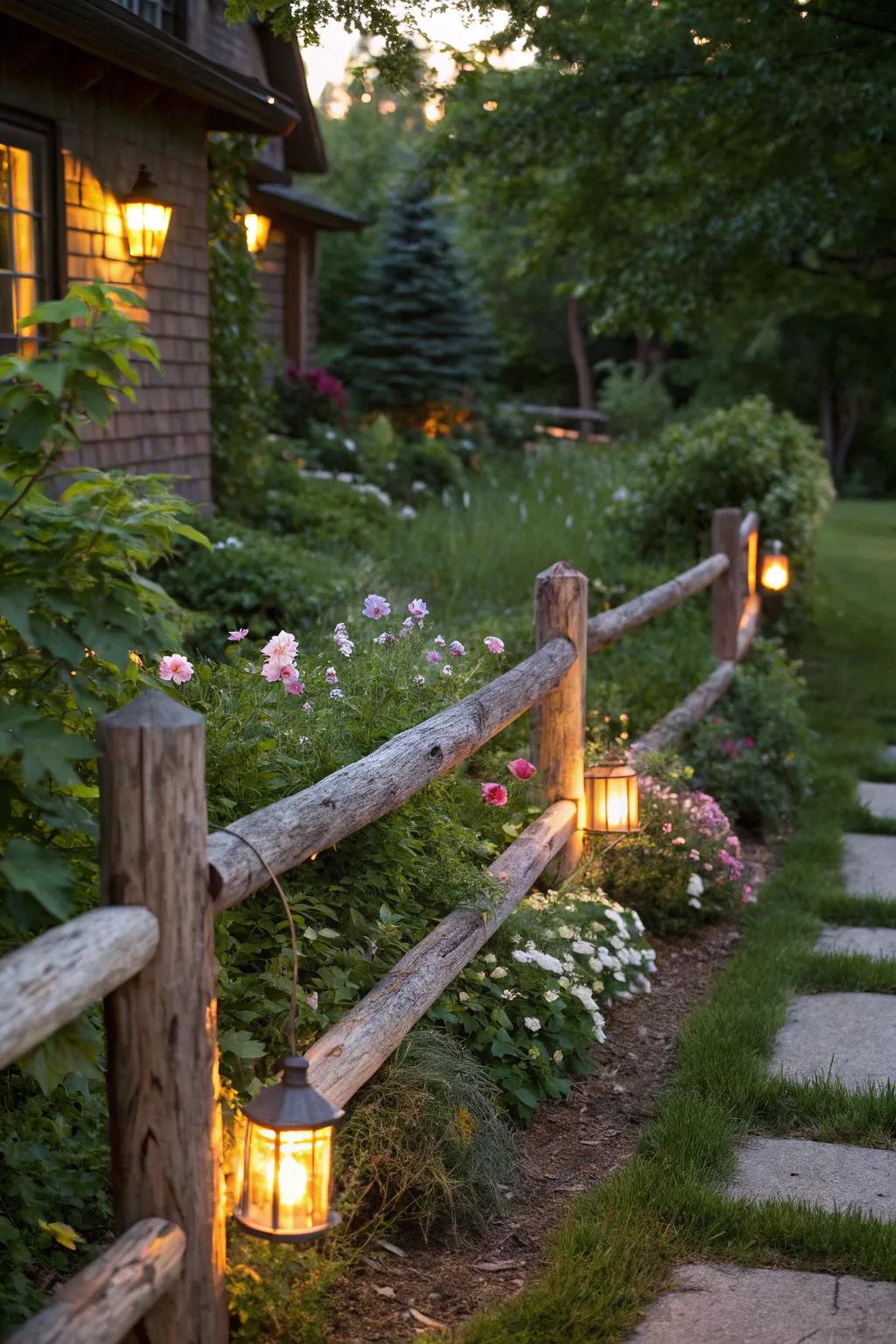 Soft lighting integrated into a timber barrier casts a warm glow over a nighttime garden.
