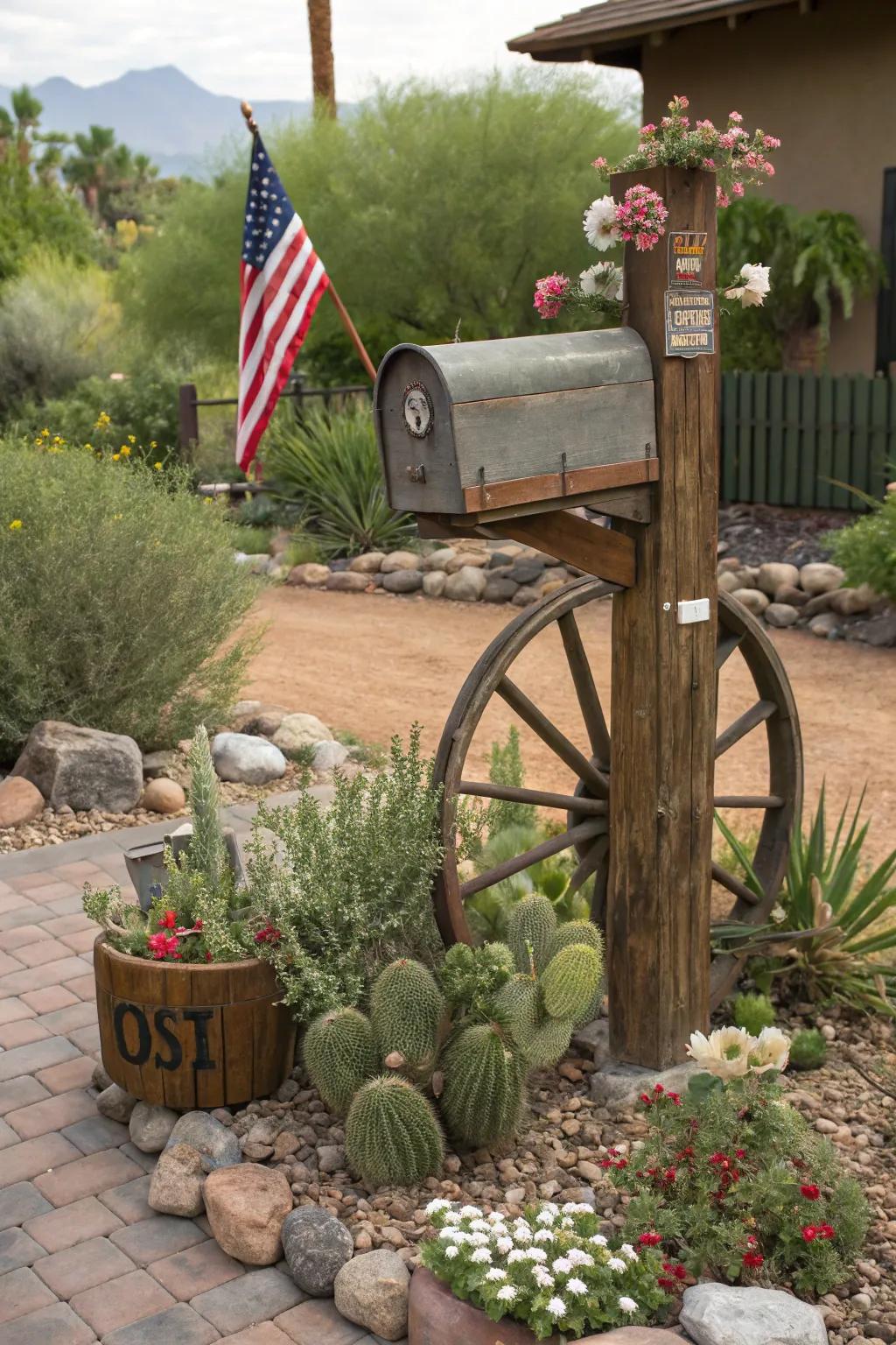 A carriage wheel foundation imparts a vintage element to this artisan mailbox stand.