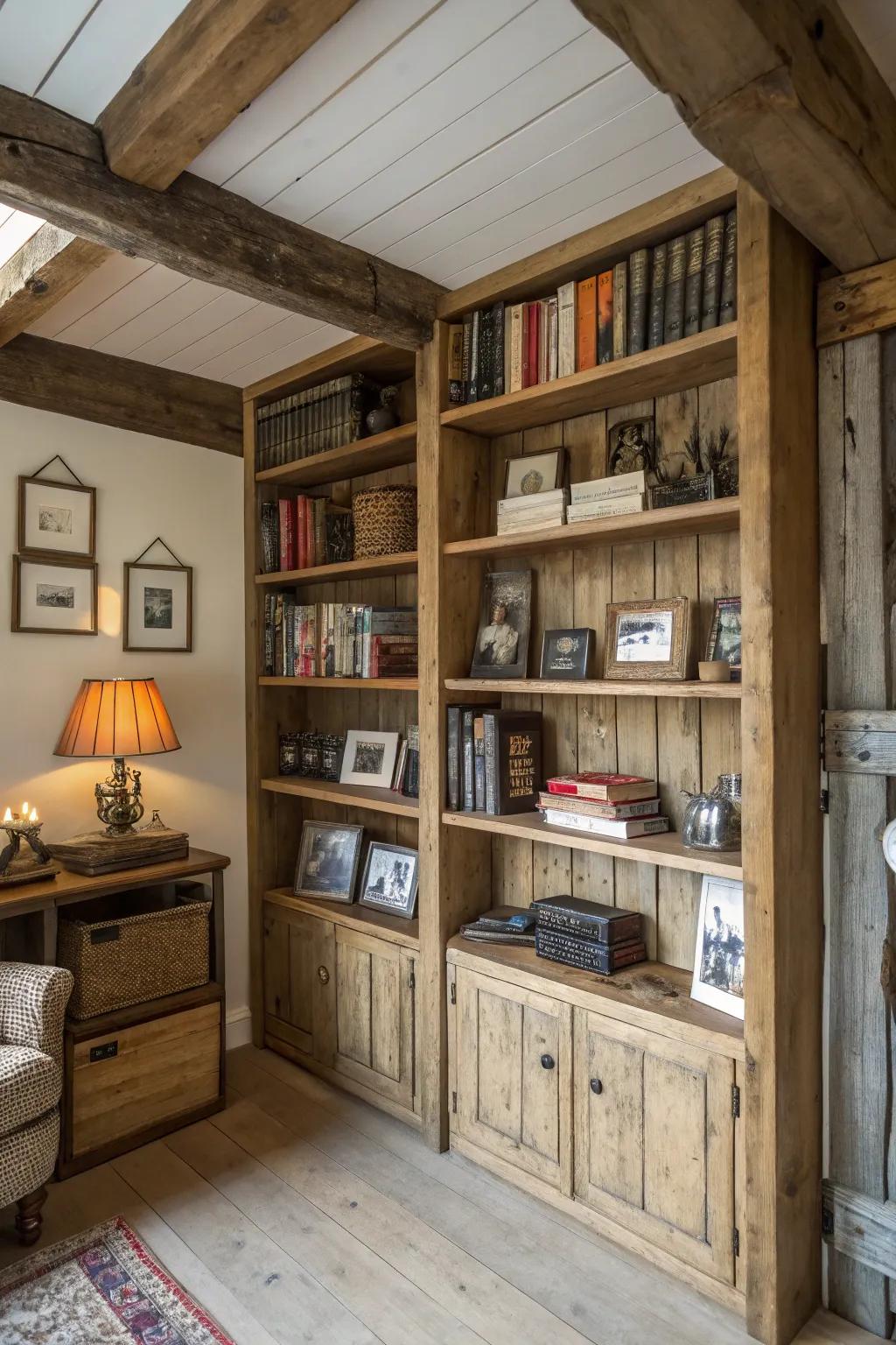 Built-in shelving provides ample space for books and mementos.