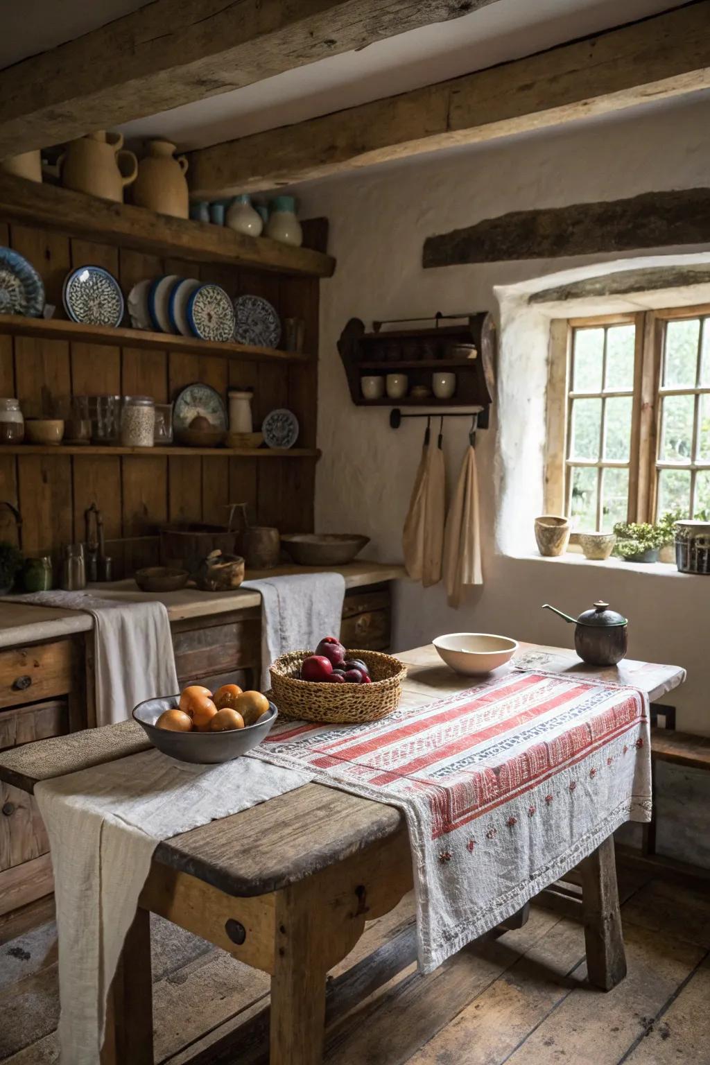 Vintage linens introduce softness and charm to the dining space.