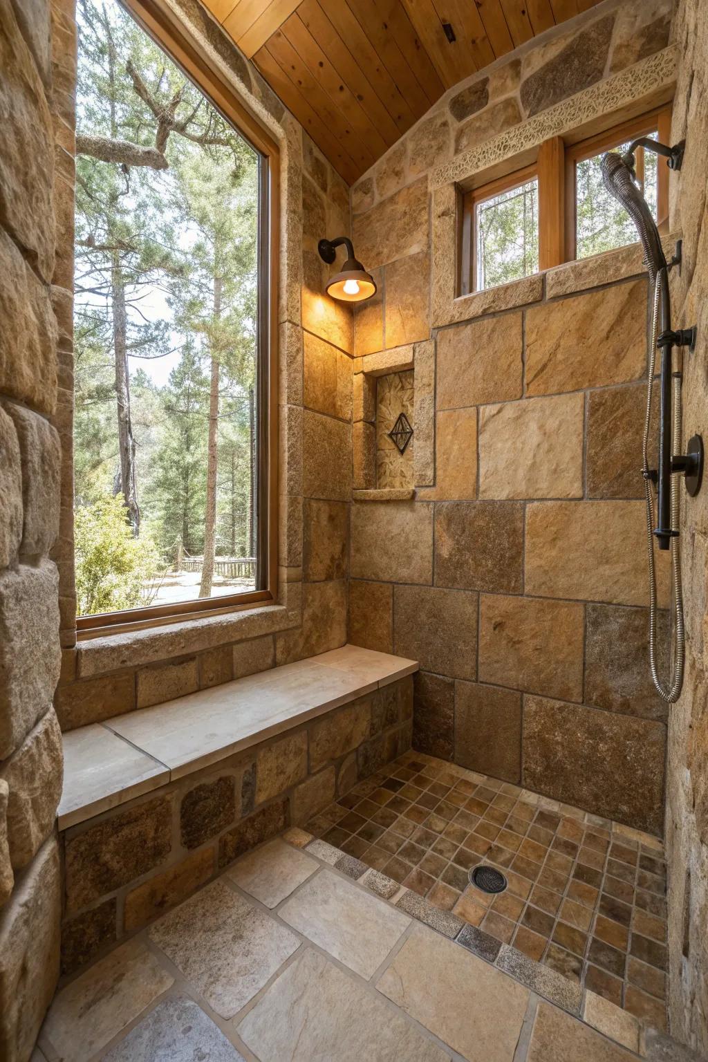 Rock seats merge utility with rustic elegance.